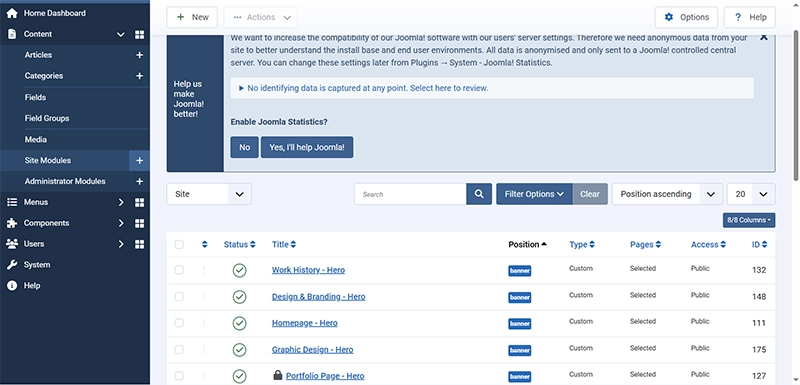Joomla administrator dashboard for website content management